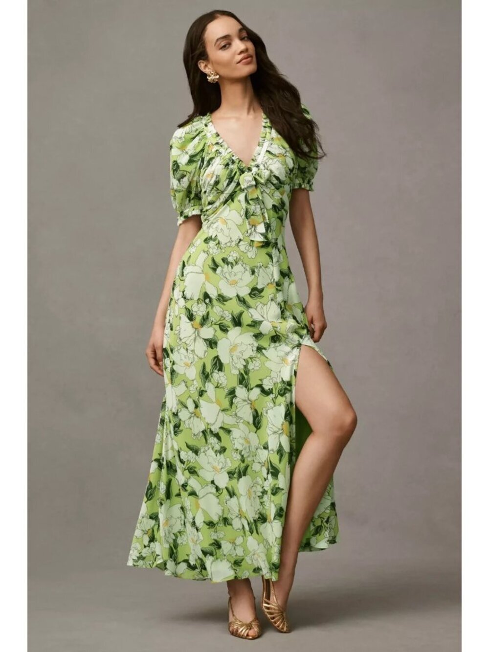 BHLDN Puff-Sleeve Bow-Front V-Neck Maxi Dress 10